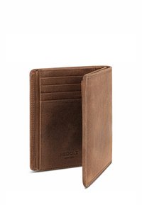 Bruine leren bifold portemonnee staat open, toont kaartsleuven en een reliëf van "REDOLZ SINCE 2007" aan de binnenkant.