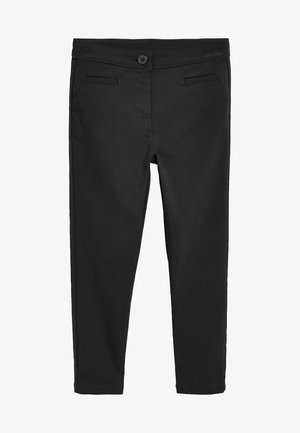 Zwarte broek van gladde stof, met een knoopsluiting, twee voorkruiden en een slim fit ontwerp.