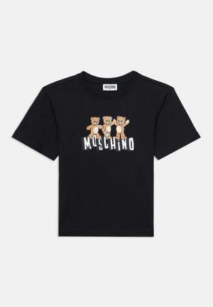 Black short-sleeve kids’ T-shirt with three dancing teddy bears above white "MOSCHINO" text on the front.