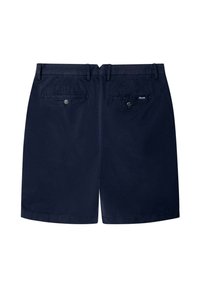 Pantaloni corti blu navy, in materiale cotone, con davanti piatto, due tasche posteriori con bottoni e un'etichetta sulla tasca destra. Design pulito e a taglio dritto.