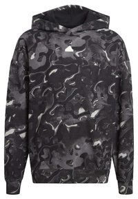 Felpa con cappuccio nera e grigia caratterizzata da un motivo astratto fluido, realizzata in tessuto morbido, dotata di tasca frontale e polsini a costine.