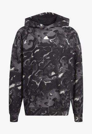 Felpa con cappuccio nera e grigia caratterizzata da un motivo astratto fluido, realizzata in tessuto morbido, dotata di tasca frontale e polsini a costine.