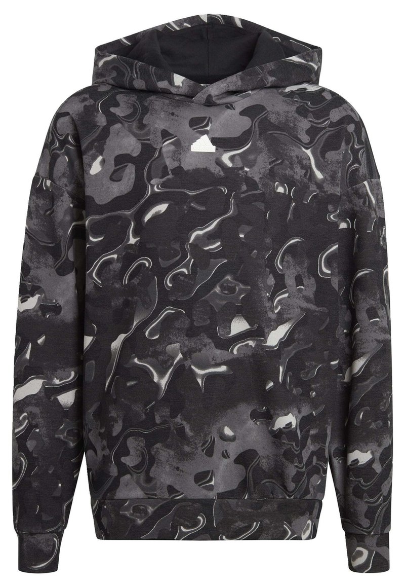 Felpa con cappuccio nera e grigia caratterizzata da un motivo astratto fluido, realizzata in tessuto morbido, dotata di tasca frontale e polsini a costine.