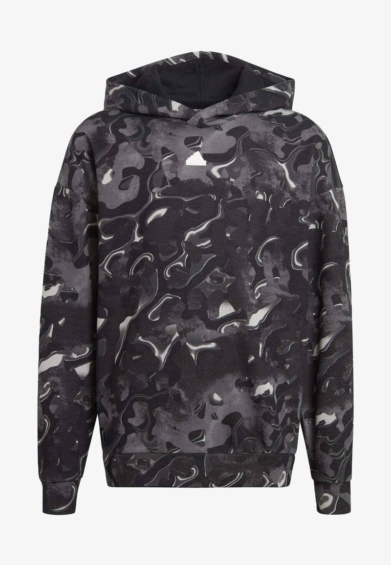 Felpa con cappuccio nera e grigia caratterizzata da un motivo astratto fluido, realizzata in tessuto morbido, dotata di tasca frontale e polsini a costine.