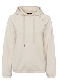 Sweat à capuche couleur crème avec cordons de serrage et trois boutons décoratifs en strass sur l'épaule gauche, doté de manches longues et de poignets élastiques.