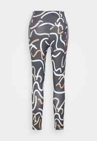 Leggings com um fundo escuro e padrões de linhas abstratas coloridas em tons de branco, rosa e dourado. Compostos por material elástico.