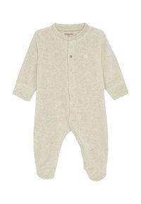 Beige Langarm-Babystrampler mit Druckknöpfen vorne und geschlossenen Füßen, aus weichem Stoff.