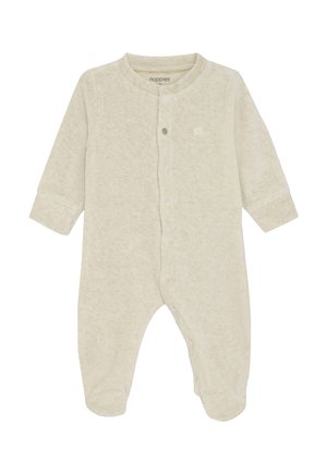 Beige Langarm-Babystrampler mit Druckknöpfen vorne und geschlossenen Füßen, aus weichem Stoff.