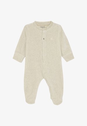 Body bébé beige à manches longues avec des boutons-pression à l'avant et des pieds fermés, en tissu doux.