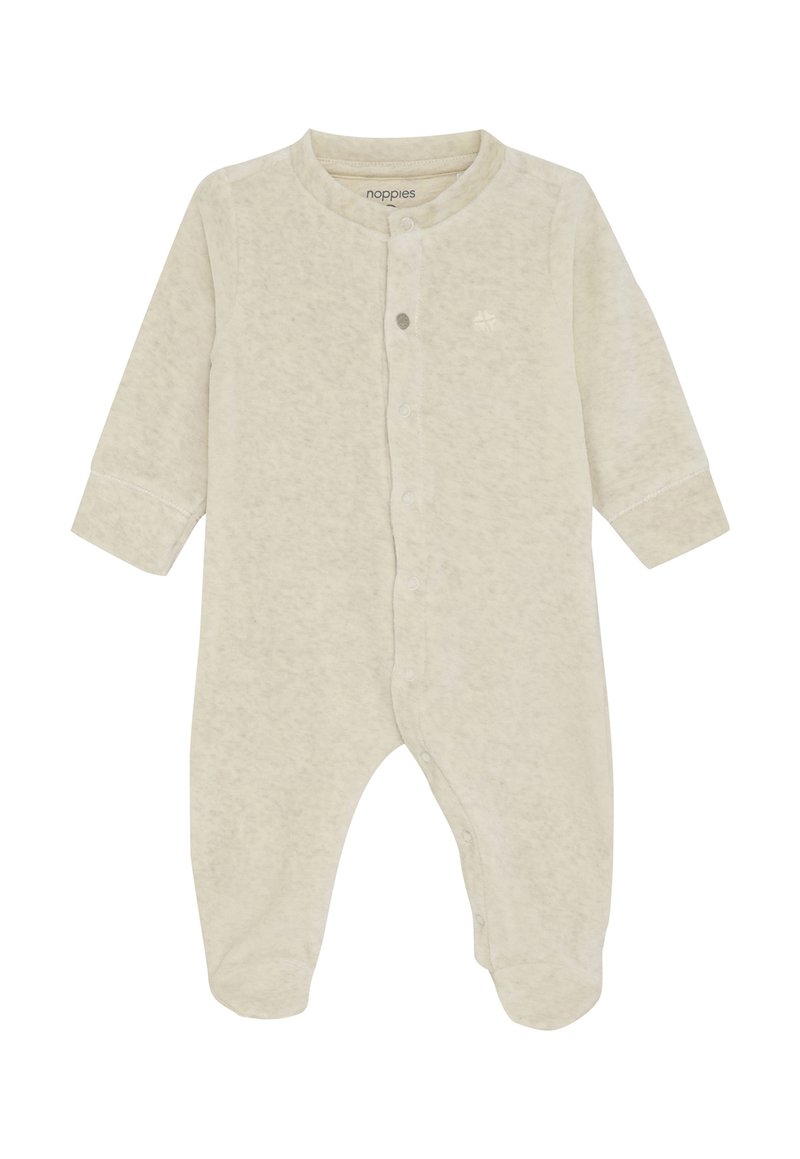 Beige Langarm-Babystrampler mit Druckknöpfen vorne und geschlossenen Füßen, aus weichem Stoff.