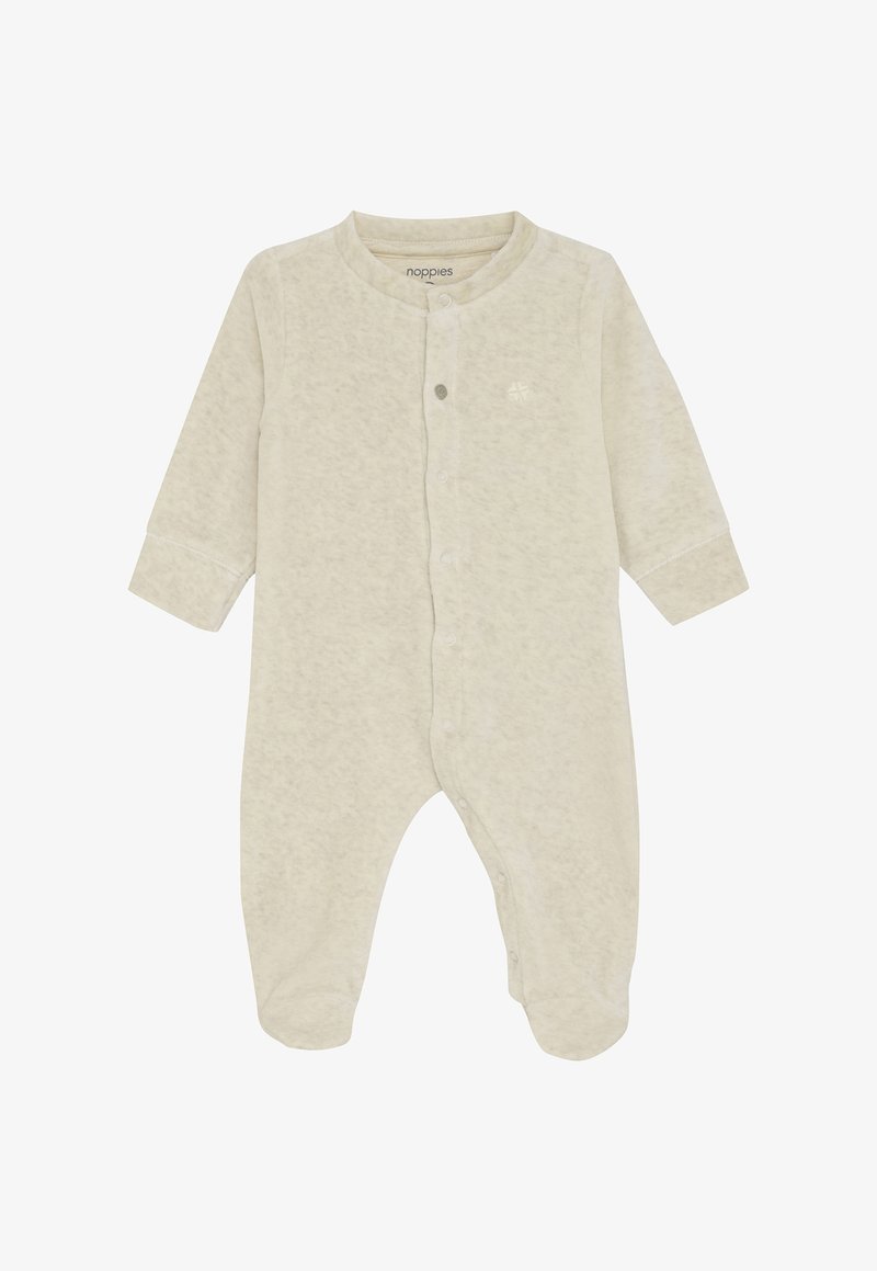 Beige Langarm-Babystrampler mit Druckknöpfen vorne und geschlossenen Füßen, aus weichem Stoff.