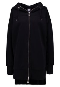 Black zip-up hoodie with a drawstring hood, large front pocket, and ribbed cuffs. Made from soft fabric, featuring a logo tag inside.