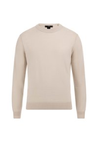 Beige Rundhals-Pullover aus weichem Strickmaterial, mit langen Ärmeln und gerippten Bündchen, in einem schlichten, klassischen Design.