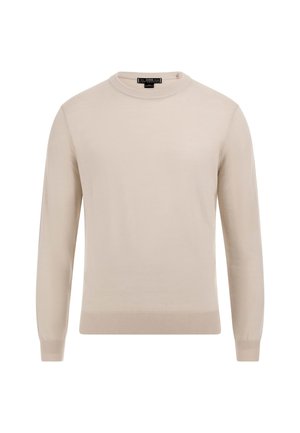 Beige ronde hals trui van zacht breigaren, met lange mouwen en geribbelde manchetten, met een eenvoudig, klassiek ontwerp.