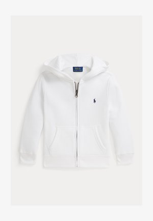 Hvit hettegenser med glidelås, frontlommer, hette og liten marineblå Polo Ralph Lauren-logo på venstre bryst.