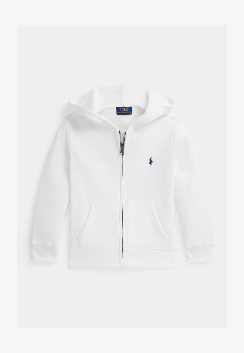 Weißer Kapuzenpullover mit Fronttaschen, Kapuze und kleinem dunkelblauem Polo Ralph Lauren-Logo auf der linken Brust.