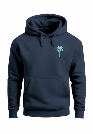 Navy blue hoodie made of soft fabric, featuring a light teal palm tree graphic on the chest and a front kangaroo pocket.