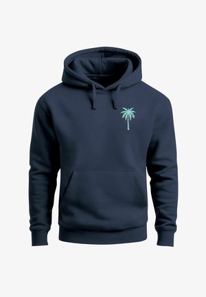 Marineblauer Hoodie aus weichem Stoff, mit einem helltürkisen Palmen-Print auf der Brust und einer vorderen Kängurutasche.