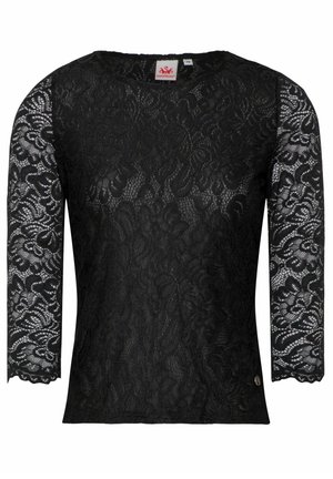 Haut en dentelle noire avec des manches trois-quarts, des motifs floraux texturés et un col arrondi, avec une étiquette à l'intérieur du col.