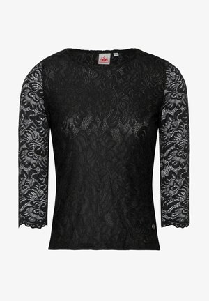 Haut en dentelle noire avec des manches trois-quarts, des motifs floraux texturés et un col arrondi, avec une étiquette à l'intérieur du col.