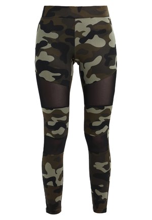 Camouflage leggings with a fitted design, featuring mesh panels at the knees and hips. Made from stretchy fabric in green and black tones.