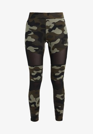 Camouflage leggings with a fitted design, featuring mesh panels at the knees and hips. Made from stretchy fabric in green and black tones.