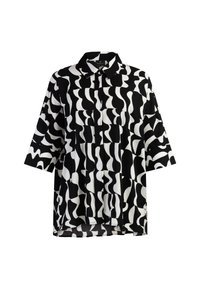 Sorte og hvide bluse med et mønstret design med bølgede former, klædt krave og korte ærmer, lavet af letvægtsstof.