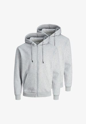 Due felpe grigie con cappuccio, realizzate in tessuto morbido. Presentano una cerniera completa, due tasche frontali e dettagli con cordino sul cappuccio.