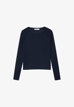 Navy blue long-sleeve crew neck sweater with a ribbed texture and a straight hem, displayed on a white background.