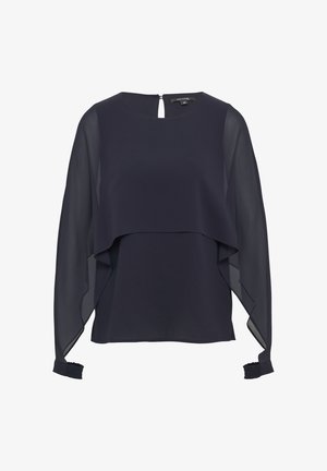 Marinebluse mit transparenter Überlagerung, rundem Ausschnitt und Schlüsselloch-Rücken. Lange Ärmel mit gerafften Manschetten und geschichtetem Design. Glatte Textur.