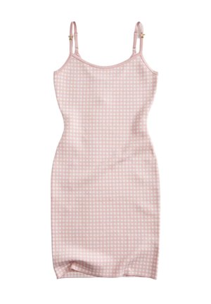 Robe cintrée sans manches à carreaux roses et blancs avec fines bretelles réglables ornées de petites décorations en forme d'étoile.