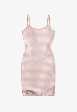Robe cintrée sans manches à carreaux roses et blancs avec fines bretelles réglables ornées de petites décorations en forme d'étoile.