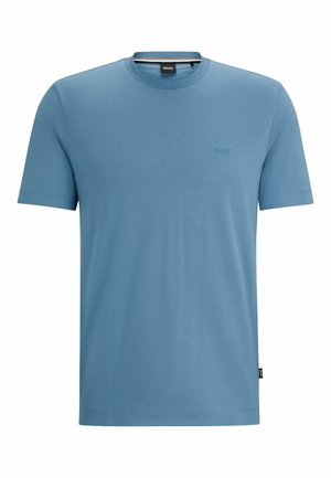 Blue crew neck t-shirt made of smooth fabric. Features short sleeves, minimalistic design, with a subtle logo on the chest.