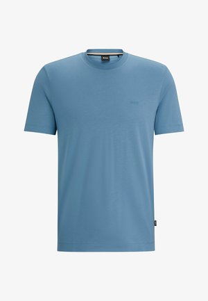 T-shirt bleu à col rond fabriqué dans un tissu lisse. Caractéristiques : manches courtes, design minimaliste, avec un logo discret sur la poitrine.