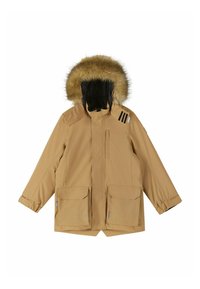 Giacca parka beige con cappuccio in pelliccia sintetica rimovibile, chiusura con zip e diverse tasche a pattina. Presenta strisce nere all'interno e sulle spalle.