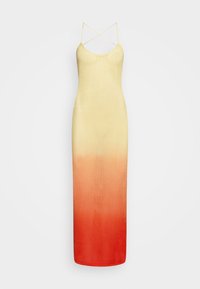 Gestricktes Maxikleid mit Farbverlauf von Gelb zu Orange, Spaghettiträgern und einem figurbetonten Schnitt aus strukturiertem Mesh-Material.
