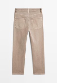 Beżowe dżinsy z prostym krojem nogawek, z dwoma tylnymi kieszeniami i prostym krojem pasa.