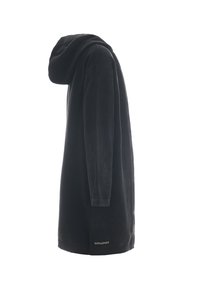 Robe-pull noire en maille à manches longues avec capuche, fente latérale et petit logo blanc "GULLIVER" près de l'ourlet.