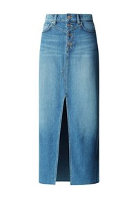 Μπλε φούστα midi από τζιν με κούμπωμα με κουμπιά μπροστά, ψηλή μέση, θηλιές για ζώνη, σκίσιμο μπροστά και κλασικό στυλ με πέντε τσέπες.