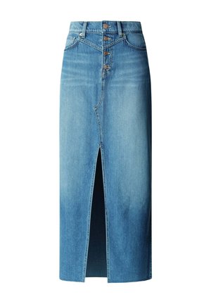 Jupe midi en denim bleu avec fermeture à boutons sur le devant, taille haute, passants pour ceinture, fente avant et style classique à cinq poches.