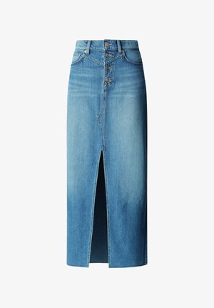 Jupe midi en denim bleu avec fermeture à boutons sur le devant, taille haute, passants pour ceinture, fente avant et style classique à cinq poches.