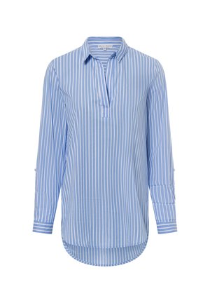Light blue striped long-sleeve shirt with a half-buttoned collar, featuring a curved hem and rolled-up sleeves with button accents.