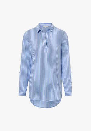 Light blue striped long-sleeve shirt with a half-buttoned collar, featuring a curved hem and rolled-up sleeves with button accents.