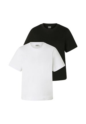Zwei schlichte Crewneck-T-Shirts, eines vorne weiß und eines hinten schwarz, auf weißem Hintergrund dargestellt.