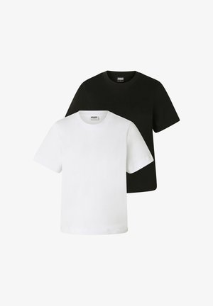 Zwei schlichte Crewneck-T-Shirts, eines vorne weiß und eines hinten schwarz, auf weißem Hintergrund dargestellt.