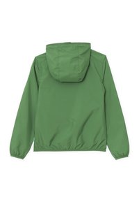 Giacca leggera verde con cappuccio, polsini elastici e una texture liscia. Presenta una vita arricciata e un design minimalista.