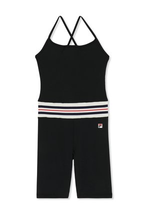 Tuta nera senza maniche con spalline incrociate, una cintura bianca con strisce blu navy e rosse e un piccolo logo del marchio sulla coscia sinistra.