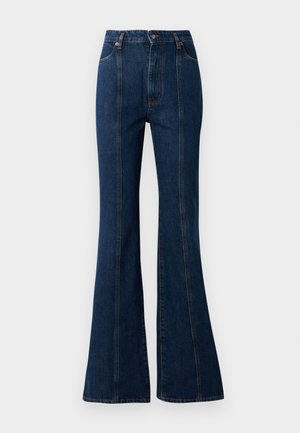 High-waisted flared jeans in dark blue denim, featuring front seams, a button closure, and traditional five-pocket styling.