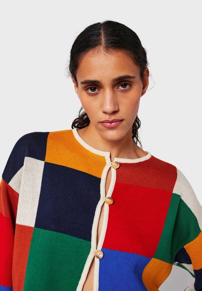 Meergekleurde gebreide cardigan met grote vlakken in rood, groen, blauw, geel en zwart, met een ronde hals en drie houten knopen aan de voorkant.