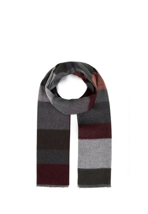 Woolen scarf in gray, burgundy, and olive green stripes. Soft texture with fringed ends, designed for warmth and versatility.